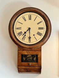 ANTIQUE LONG DROP TAVERN WALL CLOCK - WALNUT CASE PORCELAIN FACE - 26' BY 16' BY 4' DEEP