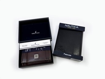 (J-19) LOT OF 2 NEW IN BOX NAUTICA MENS WALLETS-PASSCASE IN BLACK & BROWN LEATHER TRIFOLD