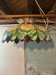 (F-12) - VINTAGE STAINED GLASS HANGING PENDANT LAMP - GREEN & YELLOW - SOME CRACKS, SEE PICS- 24' ROUND BY 12'