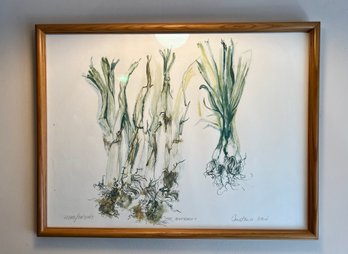 (K) SIGNED CONSTANCE WAIN PRINT OF SHALLOTS & LEEKS - FRAMED, 25' BY 19'