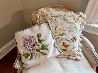 (UPHALL) PAIR OF VINTAGE VELVET BACKED NEEDLEPOINT PILLOWS. -14' & 16'