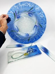 (A-56) BLUE TULIPS 'L'OISEAU DE BOIS' QUEBEC ART GLASS SET - SALAD BOWL, SERVERS & SPOON REST' - 15' ACROSS