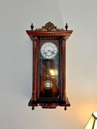 (LR) LOVELY ANTIQUE SMALL VIENNA WALL CLOCK - UNTESTED, KEY INCLUDED - 26' HIGH BY 12' WIDE BY 6' D