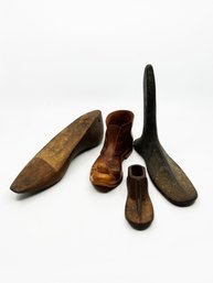 (A-59) LOT OF ANTIQUE WOOD SHOES  & CAST IRON SHOE MOLD