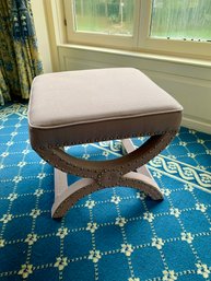 (UD-5) SAFAVIEH TAN UPHOLSTERED 'x' BENCH WITH NAILHEAD DETAIL - SOME WEAR - 21.5' SQUARE BY 19' HIGH
