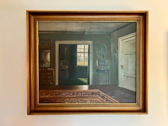 (LR) MOODY ORIGINAL SIGNED ROOM INTERIOR OIL PAINTING ON CANVAS - 1930'S W/ INFO ON BACK - 24' BY 27'