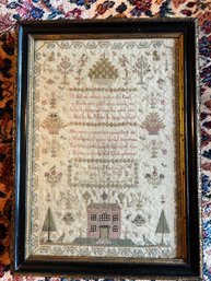 (LR) AUTHENTIC ANTIQUE VERSE & MOTIF SEWN SAMPLER BY EMMA MACHAM, JUNE 1828 - EXCEPTIONAL WORK - 20' BY 15'