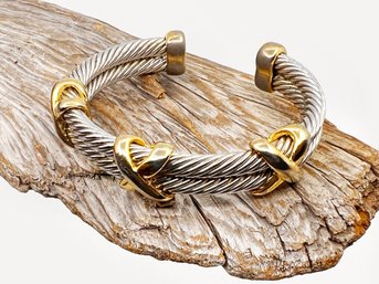 (A-125) VINTAGE 2 TONE SILVER & GOLD PLATED DOUBLE TWISTED CABLE X DESIGN CUFF BRACELET