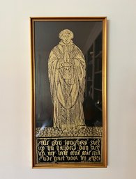 (lr) VINTAGE MEDIEVAL BELGIAN MEMORIAL GRAVE RUBBING - BEAUTIFULLY FRAMED, GOLD TONE EFFIGY- 26' BY 13'