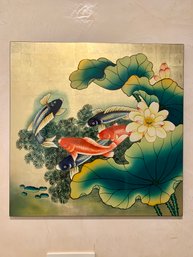 (B-211) COLORFUL KOI FISH & LILY PADS PAINTING ON LACQUERED WOOD - 23.5' BY 23.5'