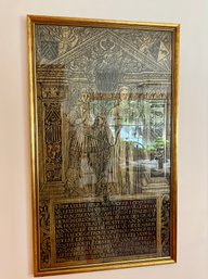 (LR) BIG VINTAGE MEDIEVAL BELGIAN MEMORIAL GRAVE RUBBING - BEAUTIFULLY FRAMED, GOLD TONE EFFIGY - 27' BY 44'