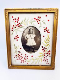 (A-127) BEAUTIFUL ANTIQUE FRAME WITH EMBROIDERED SILK AROUND PICTURE-SEPIA TONE PRINT INCLUDED