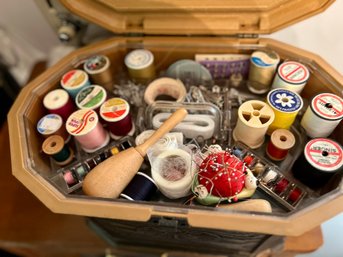 (C) VINTAGE SEWING BOX FILLED WITH SEWING NOTIONS & A CONTAINER OF OLD BUTTONS