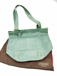 (J-7) VINTAGE COACH LEATHER LIGHT GREEN TOTE HAND BAG-MODEL 4082 W/INSIDE POCKET & DUST BAG