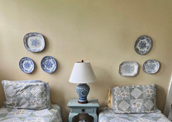 (UU) COLLECTION OF SIX ANTIQUE BLUE & WHITE TRANSFER WARE PLATES - 9' - 12'