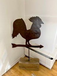 (DR) 19TH CENTURY FOLK ART IRON ROOSTER WEATHERVANE MOUNTED ON WOOD SLAB - 36' HIGH BY 15' WIDE