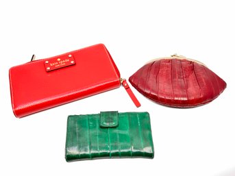 (J-8) NEW KATE SPADE RED LEATHER WALLET, VINTAGE RED EEL SKIN COIN PURSE & GREEN EEL SKIN WALLET