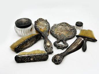 (A-77) ANTIQUE EIGHT PIECE ART NOUVEAU STERLING SILVER VANITY SET - BRUSHES, SHOE HORN, POWDER JAR, MIRROR