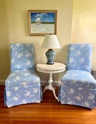 (UU) PAIR OF BLUE & WHITE UPHOLSTERED PARSONS CHAIRS - 41' BY 22'