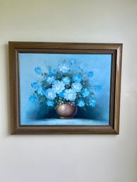 (UU) HAND PAINTED VINTAGE 'ROBERT COX' FLORAL STILL LIFE IN SHADES OF BLUE - 24' BY 20'