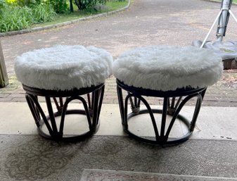 (GA-53) PAIR OF FURRY BENT RATTAN WOOD STOOLS - 20' H & W