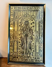 (K) VINTAGE MEDIEVAL BELGIAN MEMORIAL GRAVE RUBBING - BEAUTIFULLY FRAMED, GOLD TONE EFFIGY - 18' BY 11'