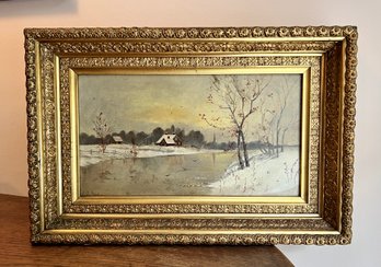 (K) SIGNED ANTIQUE FRAMED ORIGINAL WINTER SCAPE OIL PAINTING BY 'E.J. BARTON'-SEE MARKINGS ON FRAME-18' BY 12'