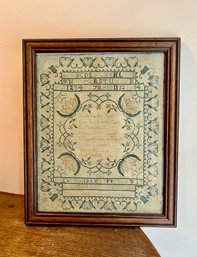 (DEN-31) CHARMING ANTIQUE GEORGIAN MOTTO SAMPLER READS - 'MARCHA SPICER HAND WORK, 1748' - FRAMED, 15' X 14'