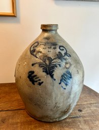 (K) L & B G CHACE / SOMERSET, MASS. 3 GALLON DECORATED STONEWARE JUG - COBALT LEAF DESIGN - 14' BY 12'