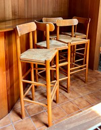 FIVE HIGHTOP BAR STOOLS WITH WOOD FRAME & RUSH WOVEN SEATS- 53'H BY 18' BY 14', SEAT HEIGHT IS 30'