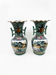 (C-16) ANTIQUE PAIR OF ASIAN PORCELAIN VASES WITH PAGODA HANDLES -HAND PAINTED & SIGNED - 12.5', SEE EDGE CHIP