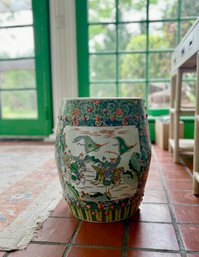 (E-8) CERAMIC GARDEN STOOL WITH BRIGHT PATTERN ASIAN FLOWERS & BATTLE SCENE- 12' BY 18'H