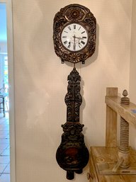 VINTAGE FRENCH LEDOUX 'MORBIER, WAG ON THE WALL' CLOCK -WORKING, DAMAGE TO BOTTOM OF BRASS, SEE PICS -63' BY14