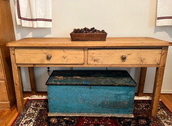 (BR) ANTIQUE HAND CRAFTED EUROPEAN PINE CONSOLE TABLE WITH TWO DRAWERS - 33' H BY 19' D BY 63' L