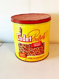 (200) VINTAGE CADET PRETZELS TIN CONTAINER-13' H X 12' R