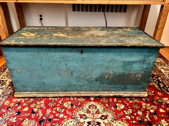 (BR) PERFECTLY WEATHERED ANTIQUE  PAINTED WOOD TRUNK - ROBIN'S EGG BLUE - 37' L BY 17' D BY 16'