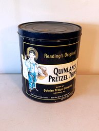 (201) VINTAGE 'QUINLAN'S PRETZEL TIN-48 OUNCES-APPROX. 12' H X 10' R