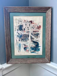 (C-95) VINTAGE FRAMED JOHN HAYMSON (1903-1980) LITHO 'BOOTHBAY HARBOR, ME'  - 21' BY 17'