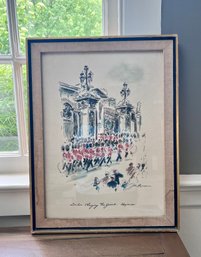 (C-99) VINTAGE FRAMED JOHN HAYMSON (1903-1980) LITHO 'LONDON: CHANGING THE GUARD, HAYMSON' - 22' BY 17'