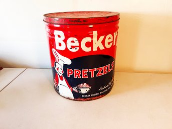 (207) VINTAGE 'BECKER' PRETZELS TIN-APPROX. 13' TALL X 12' ROUND