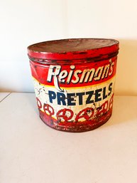 (209) VINTAGE 'REISMAN'S PRETZEL' TIN-APPROX. 10 1/2' TALL X 12' ROUND