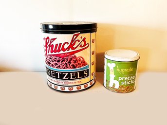 (211) VINTAGE LOT OF 2 TIN PRETZEL TINS-'SHUCKS AND HYGRADE