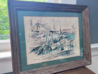 (C-100) VINTAGE FRAMED JOHN HAYMSON (1903-1980) LITHO 'GLOUCESTER, ME' - 21' BY 17'