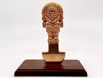 (A-31) VINTAGE GOLD PLATED PERUVIAN 1984 PAPERWEIGHT WITH STAND - AZTEC, MAYAN