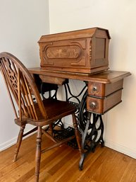 (BR) ANTIQUE 'RAYMOND' SEWING MACHINE TABLE BASE & COVER BUT REPLACED WITH MODERN SEWING MACHINE -W/CHAIR