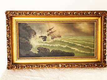 (U200) ANTIQUE SEASCAPE OIL PAINTING - DAMAGED FRAME- 30' X 18'