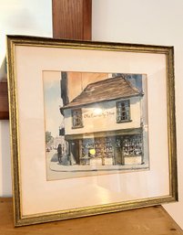 (BD-2) SIGNED ANTIQUE WATERCOLOR PAINTING 'OLD CURIOSITY SHOP' - 14' BY 14'