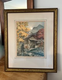 (BD-2) SIGNED ANTIQUE FRAMED ETCHING 'TENNESSEE HIGHLANDS' GRISTMILL - 14' BY 14'