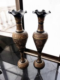 (D-3) PAIR OF VINTAGE ETCHED DESIGN PERSIAN METAL FLOOR VASES - BLACK AND GOLD- WITH SCALLOPED EDGES- 35' TALL