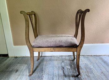 (X000) VINTAGE GOLD PAINTED WOOD BENCH WITH TWO HANDLES, CUSHION FABRIC IS NOT ATTACHED - 32' BY 28' BY 16'